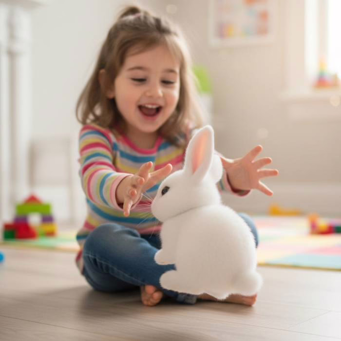 Un bambino gioca e coccola il coniglio Rabsy